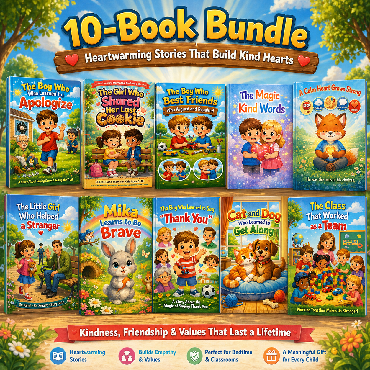 10-Book Bundle: Heartwarming Stories That Build Kind Hearts – Teaching Kindness, Friendship & Values for Kids (Ages 3-10)